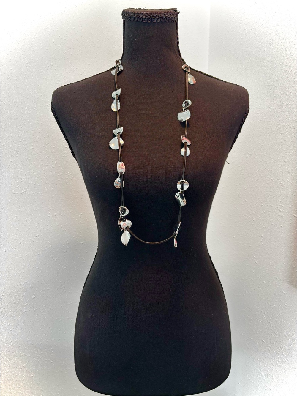 Chico's Long Black Cord Necklace with Silver Shell Accents